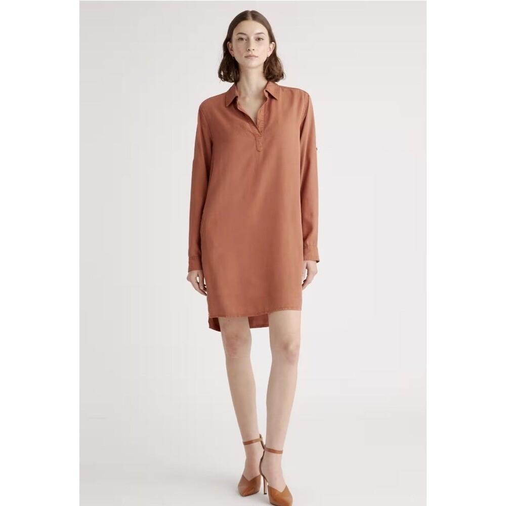 Quince Dress Vintage Wash Tencel Roll Sleeve Tunic Shirt Terracotta Small